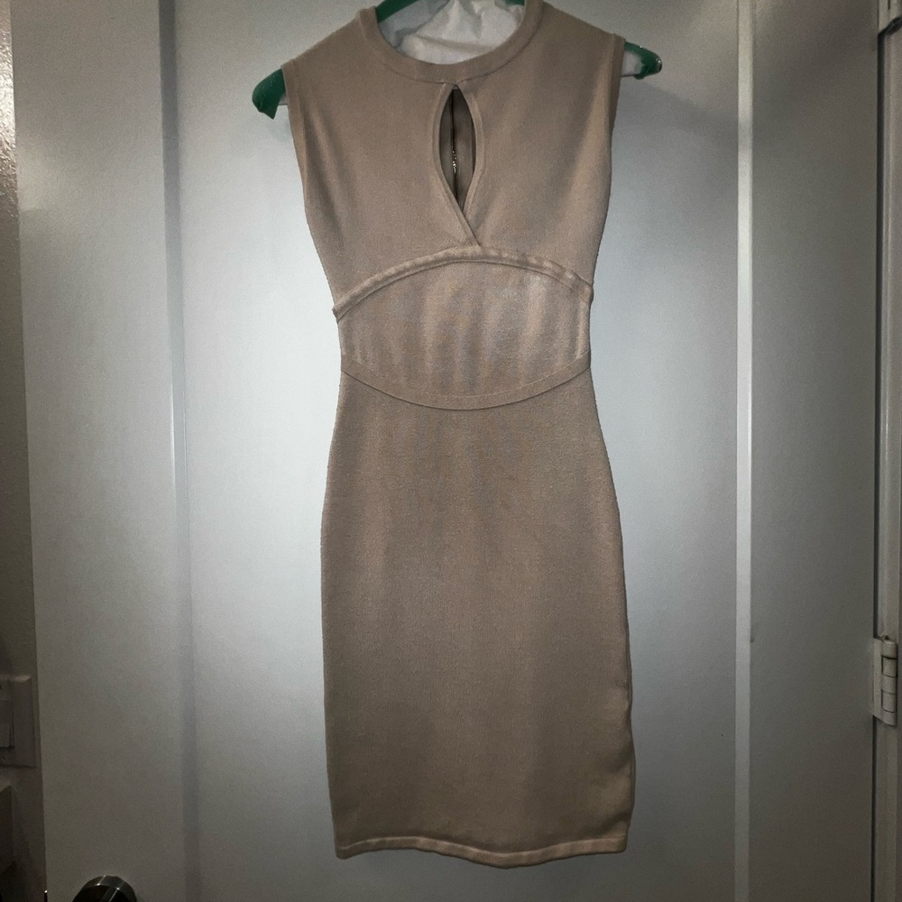 Bebe Tan Sleeveless Mock Neck Sheath Midi Dress